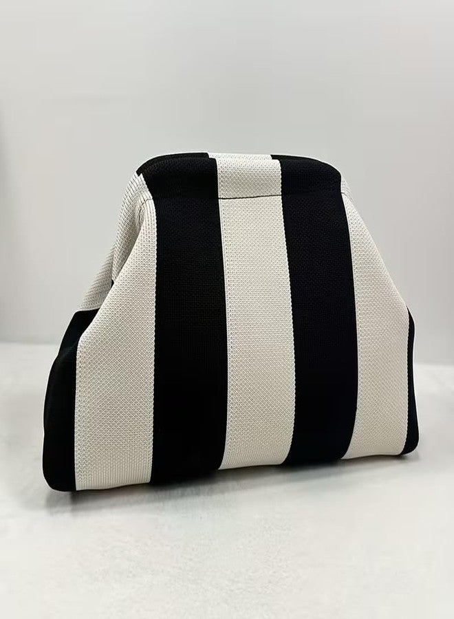 كون حقيبة يد نسائية من Kawn® بتصميم كروشيه مخطط | حقيبة كتف منسوجة يدوياً | حقيبة يد أنيقة بتصميم مميز وقفل كبس، مناسبة للاستخدام اليومي والنزهات - Image 2